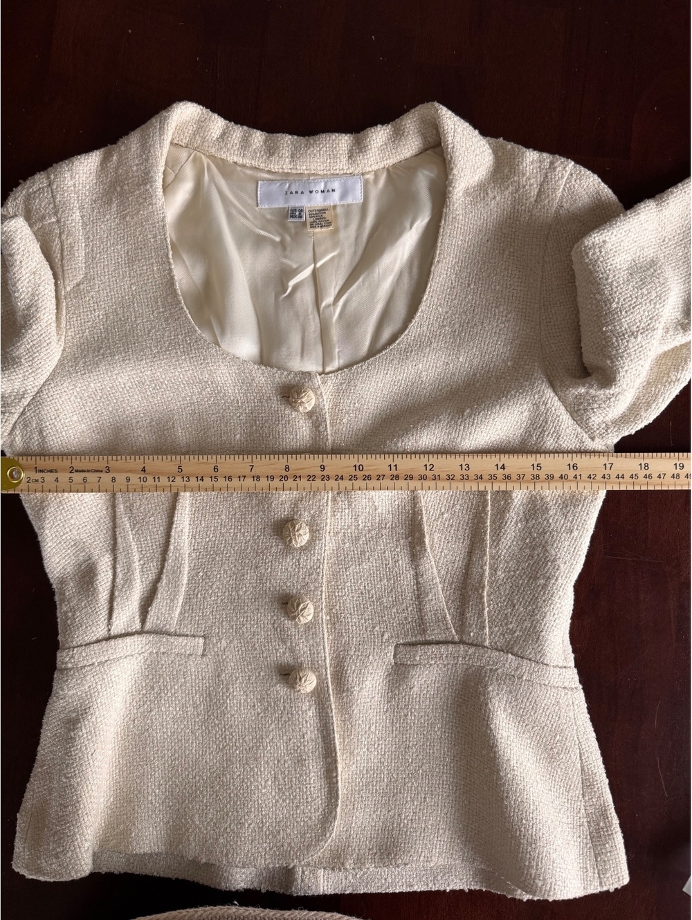 Zara Woman Ivory Boucle Tweed Peplum Jacket Blazer Silk Blend Size 8